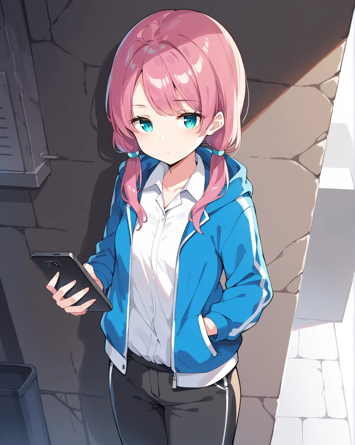 <lora:Blue_Toxic_v1.1-000009:1>,BlueToxic,pink hair,aqua eyes,low twintails,small breasts,
black pants,blue hooded jacket,open jacket,white shirt,collared shirt,open collar,
1girl,solo,
standing,holding phone,looking at phone,
alley,wall,shadow,outdoors,
expressionless,, score_9,score_8_up,score_7_up,source_anime,best quality,masterpiece,uncensored,beautiful eyes,