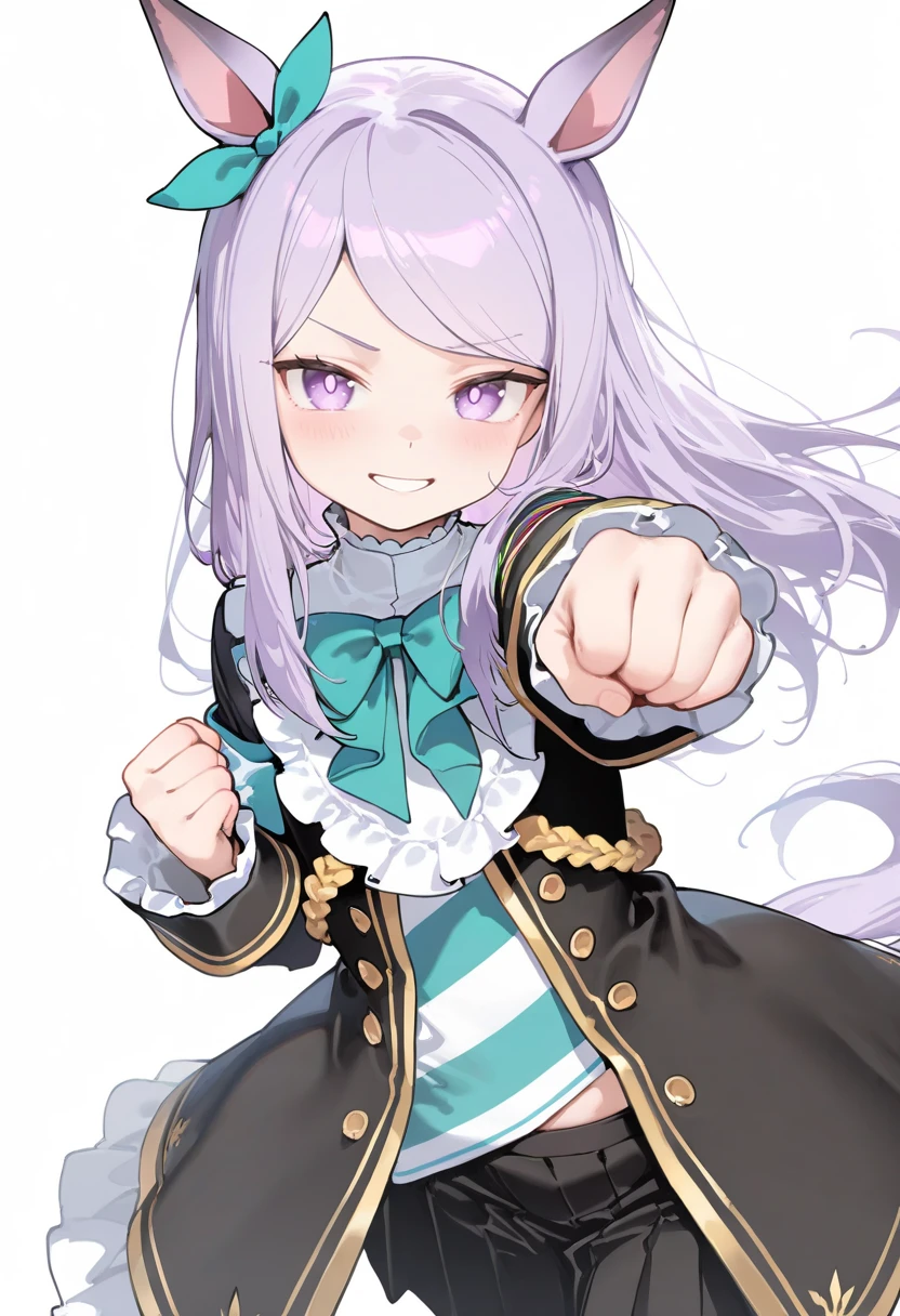 masterpiece, best quality, amazing quality, very aesthetic, newest, general,
solo, mejiro mcqueen \(umamusume\), umamusume, horse girl, horse ears, horse tail, purple eyes, purple hair, long hair, swept bangs, smile, blush,
long sleeves, incoming attack, incoming punch, clenched hands,
simple background, white background, cowboy shot,
(anime screenshot), flat color, (limited palette:0.7), (ningen mame:0.5), (ciloranko:0.7), (blvefo9:0.8), (signalviolet:0.4), (ke-ta:0.5), (toosaka asagi:0.4), (ebifurya:0.35), (ishikei:0.3), <lora:nyalia:0.15>, <lora:dj_sloppa_ill_v2:0.3>,