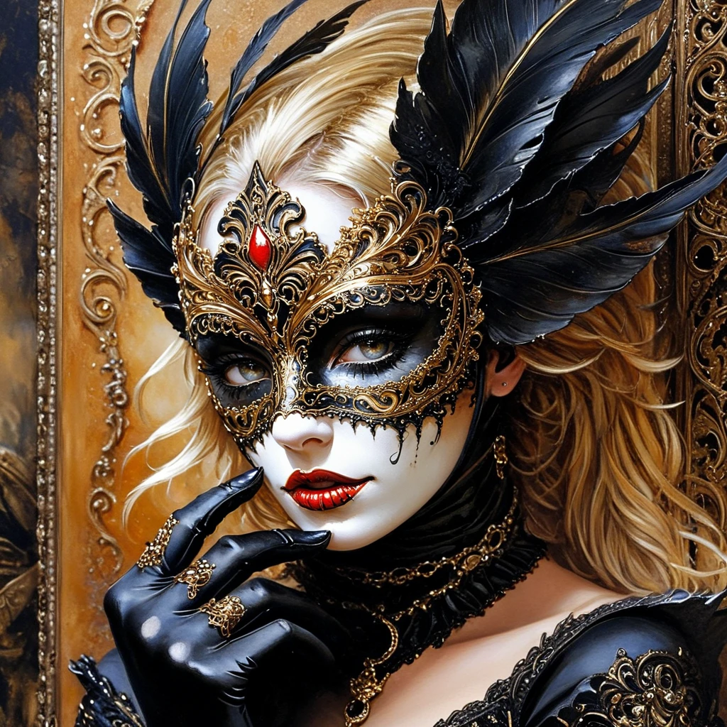<lora:Ethereal_Gothic_RenaissanceSDXL:1> ArsMJStyle, Etherial Gothic, The image shows a woman wearing a black and gold mask and gloves with a painting of a woman in the background. Her face is painted with intricate details and her eyes are closed giving her a peaceful and serene expression., 1girl, solo, jewelry, blonde hair, ring, red lips, lipstick, makeup, portrait, lips