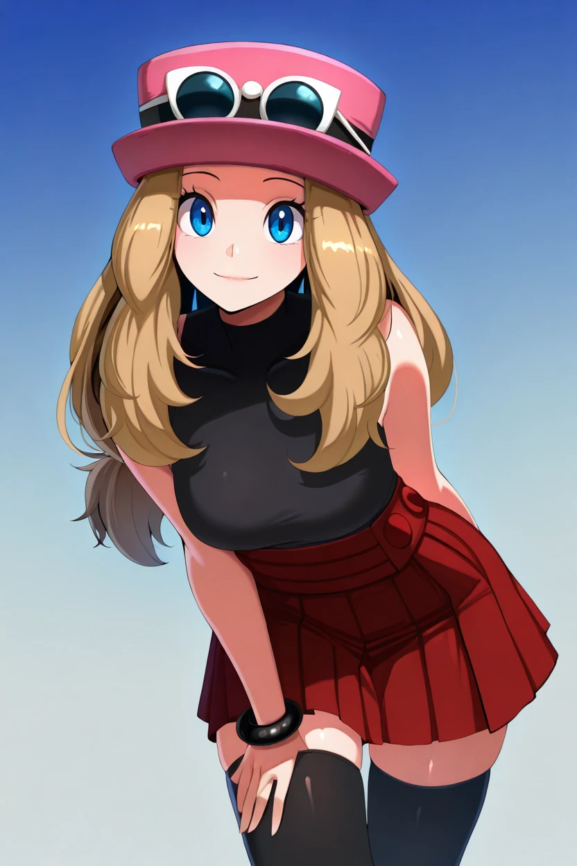 masterpiece, best quality, 1girl, solo, beautiful eyes, zzSerena, solo, long hair, blue eyes, eyewear on headwear, pink headwear, eyelashes, sleeveless shirt, black shirt, bracelet, high-waist skirt, red skirt, black thighhighs,  <lora:SerenaPokemonIXL_v2:1.0>,   <lora:AhLyongLee_IXL_v1:1.0>, , cowboy shot, leaning forward, smile, looking at viewer, shiny skin,