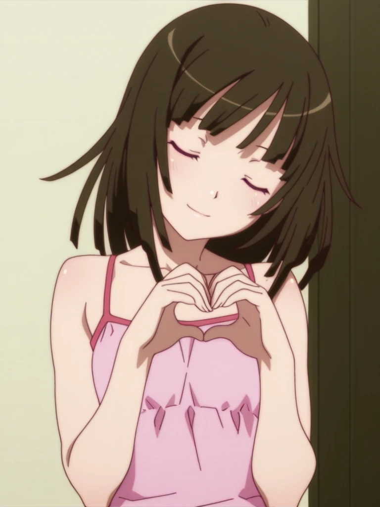 <lora:Nadeko_Illustrious:1>
absurdres, masterpiece,
anime screencap,
1girl, nadeko sengoku, blunt bangs, blunt ends, medium hair, pink camisole, bare shoulders, upper body, head tilt,
own hands together, heart hands, 
light smile, closed eyes,