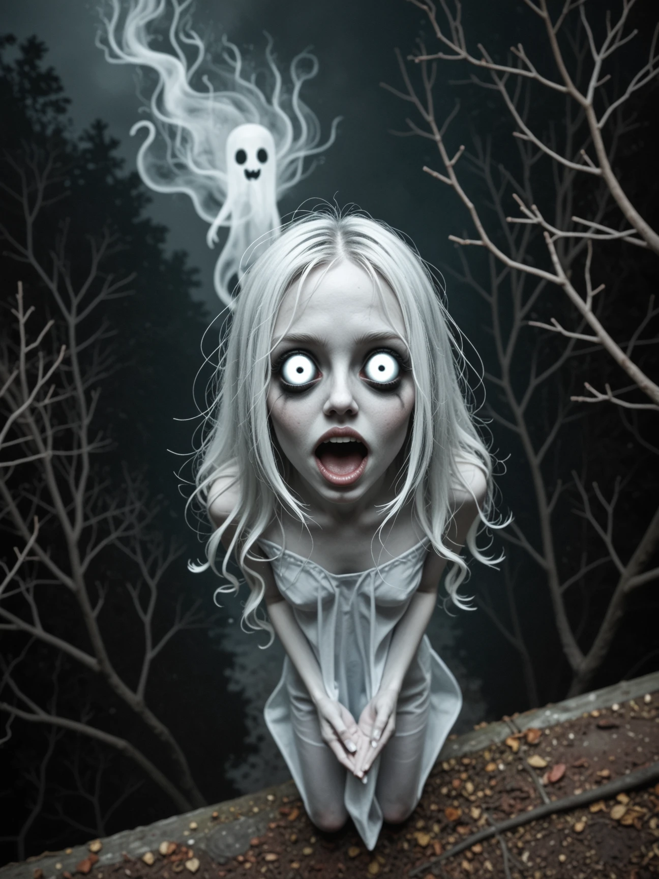 Horror-themed photo, ((High Angle)),cute,white hair, highly detailed, symmetric face, trees, fog, dark, floating in the air,  (transparent ghost woman:1.4), horror scene, glowing eyes, girl, Eerie, unsettling, dark, spooky, suspenseful, grim, highly detailed