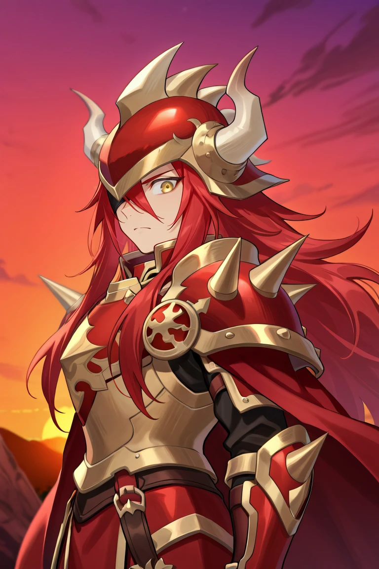 <lora:GulcasaIL:0.8> , guldef, (1boy), red hair, long hair, hair between eyes, yellow eyes, armor, full armor, spikes, shoulder armor, one eye covered, horned helmet, spiked helmet, horned headwear, shoulder spikes, cape, red cape, pauldrons, serious expression, looking at viewer, (from side), looking to the side, face, close-up, sunset, exterior, solo, masterpiece, very aesthetic, absurdres, best quality, amazing quality, high resolution, detailed background,  <lora:illustrious_quality_modifiers_masterpieces_v1:0.8> , <lora:ChamIllustriousBackgroundEnhancer:0.5>