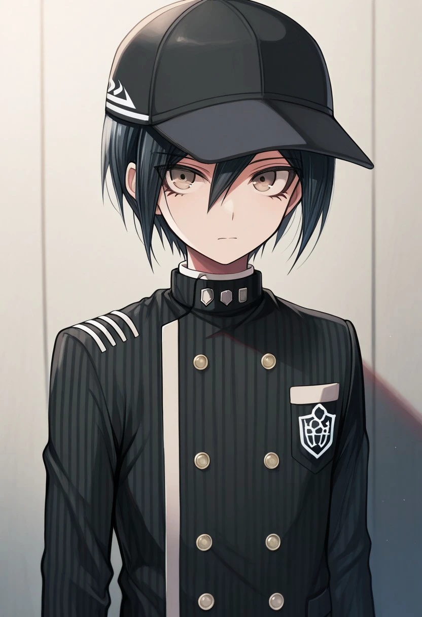 masterpiece, best quality, 
shuichi, 1boy, male focus, solo, brown eyes, black hair,hat, black headwear, baseball cap, short hair, hair between eyes, school uniform, jacket, black jacket, striped jacket, double-breasted buttons, stripes, pinstripe pattern, upper body
indoor,