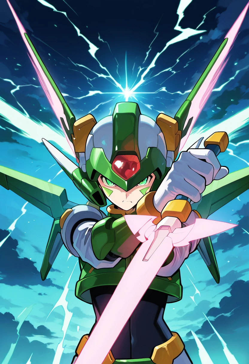 source anime,highly detailed,score 9,score 8 up,score 7 up, <lora:Sage_Harpuia:1> harpuia, solo, 1boy, sky, clouds, thunderbolt, thunder clouds, night, helmet, mechanical wings, forehead jewel, green eyes, (facial mark), crop top, white gloves, angry, dynamic pose, upper body, masterpiece, best quality, energy swords, sword, dual wielding, ((blocking))