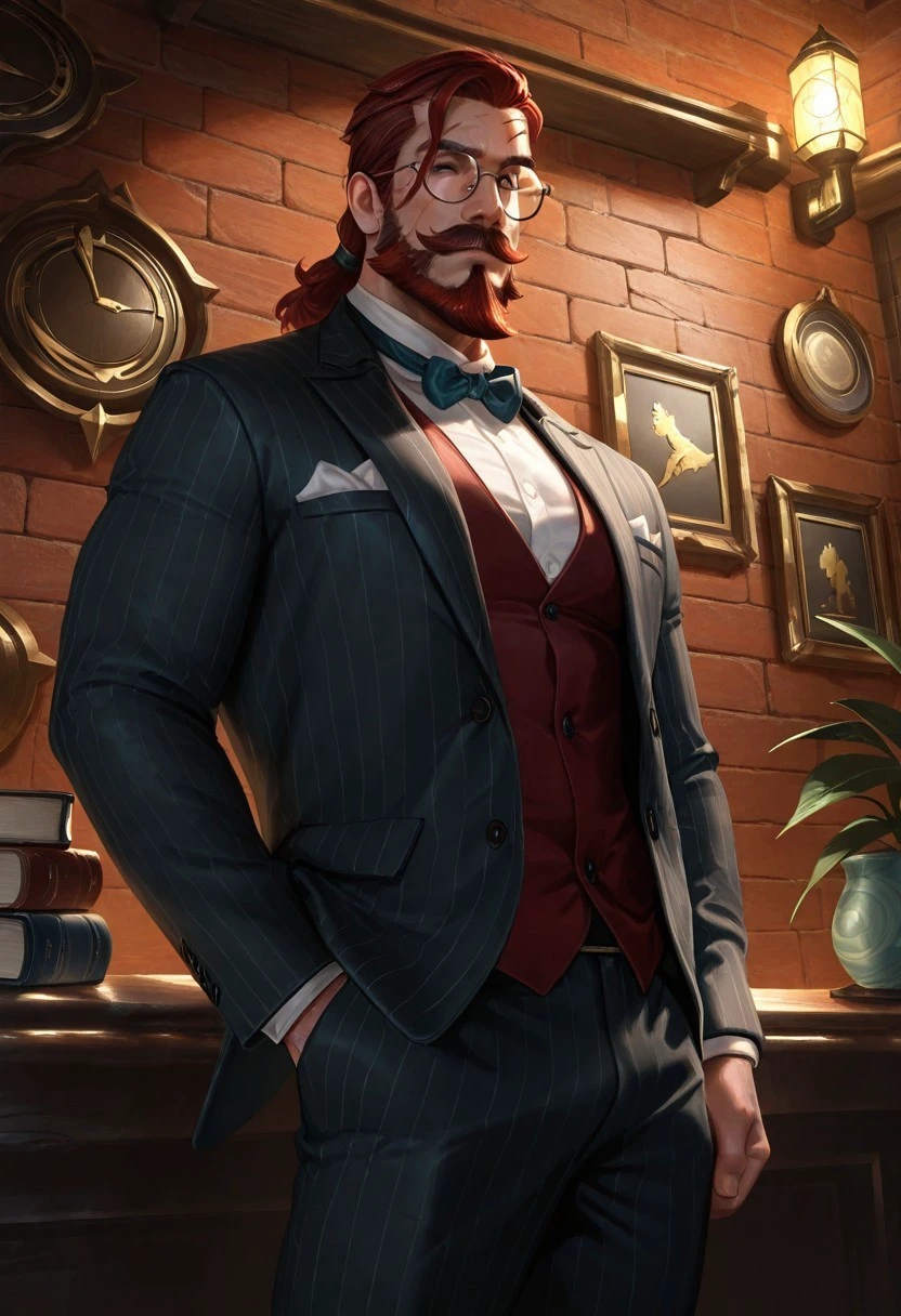 masterpiece, best quality, newest, absurdres, highres, LORstyleIL-V1.0, 1boy, glasses, red hair, suit, round glasses, beard, facial hair, mustache, scar, scars on face, male focus

