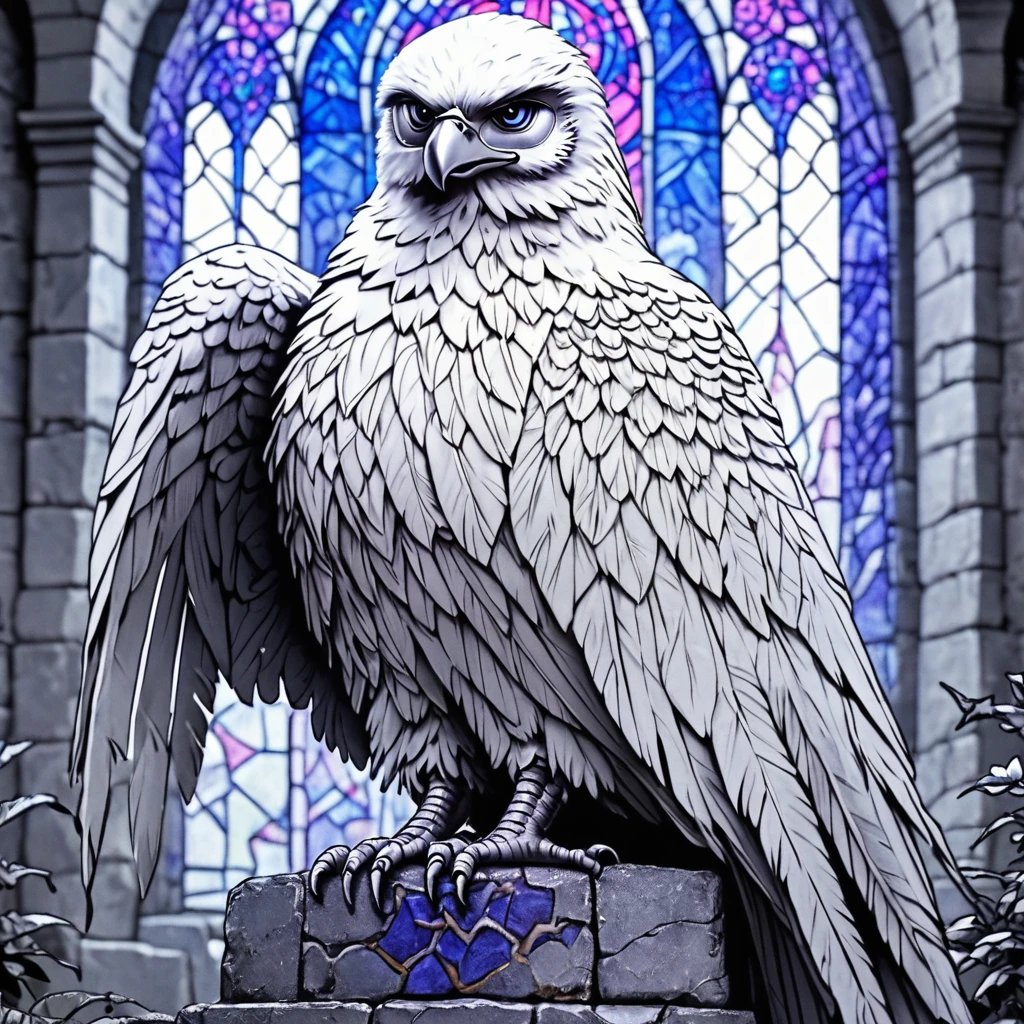 Score_9, score_8_up, score_7_up, score_6_up, BREAK <lora:Moonlit_MinimalismPony:1> ArsMJStyle, Moonlit Minimalism, The image shows a bald eagle perched atop a stone wall surrounded by a frame of intricate stained glass designs. The eagle is depicted in a realistic style with its wings spread wide and its head turned to the side giving it a majestic look. The colors of the glass are vibrant and the details of the eagle's feathers and beak are clearly visible making it a perfect coloring page for adults., wings, monochrome, feathered wings, solo, no humans, stained glass, feathers