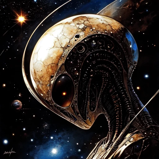 <lora:Ethereal_Gothic_Renaissance:1> ArsMJStyle, Etherial Gothic, The image shows a painting of an alien with a face in the foreground set against a dark background., solo, space, profile, yellow eyes, traditional media, portrait, from side, alien, planet, star (sky)