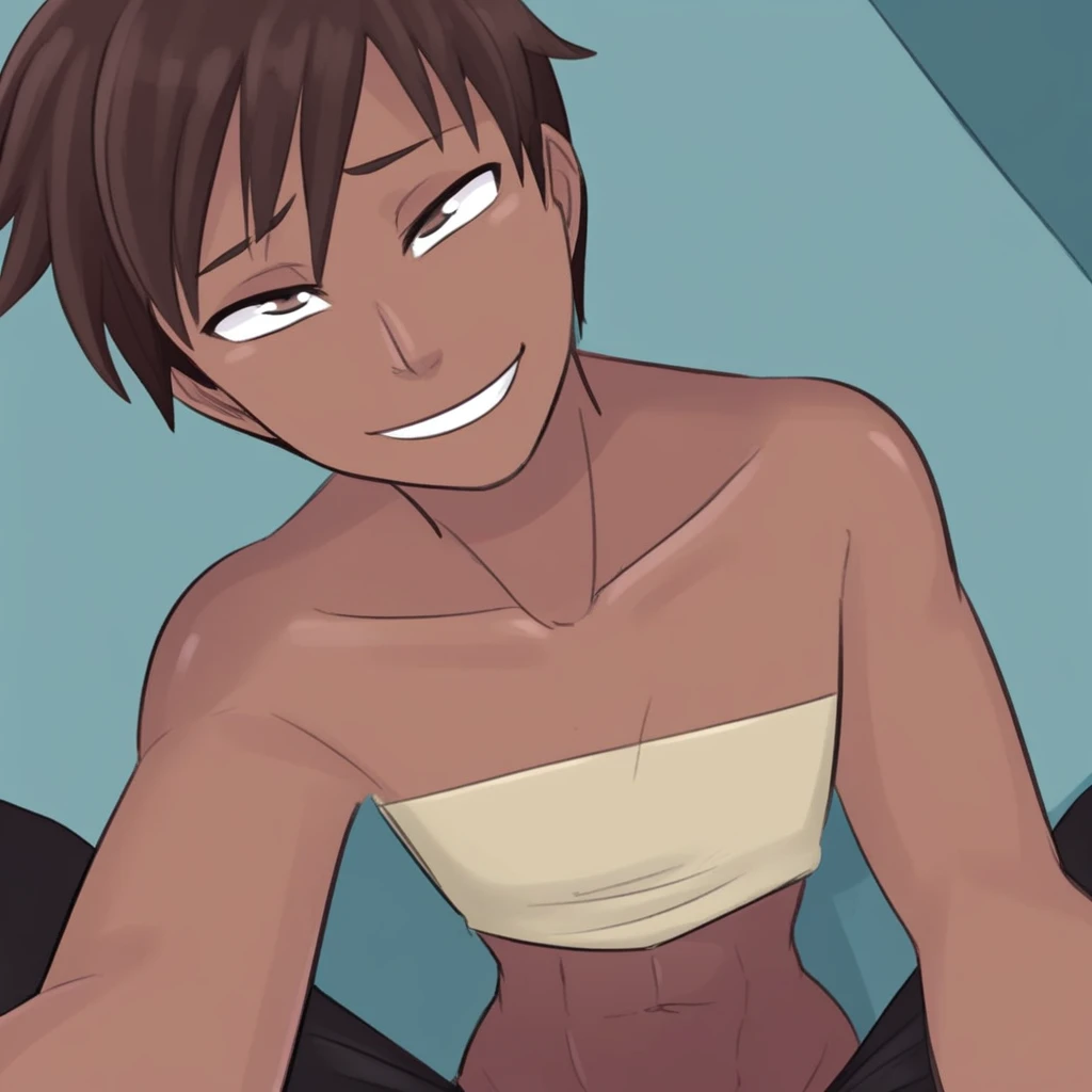 A cute tomboy girl with dark skin, medium breasts, strong abs, wearing a white shirt and jeans, smirking and showing sharp teeth, the shirt is soaked and revealing brown nipples, beach background with a orange sunset, highly detailed, anime style, 4k, best quality, masterpiece, 8k, ultra detailed anime, perfect anime style.