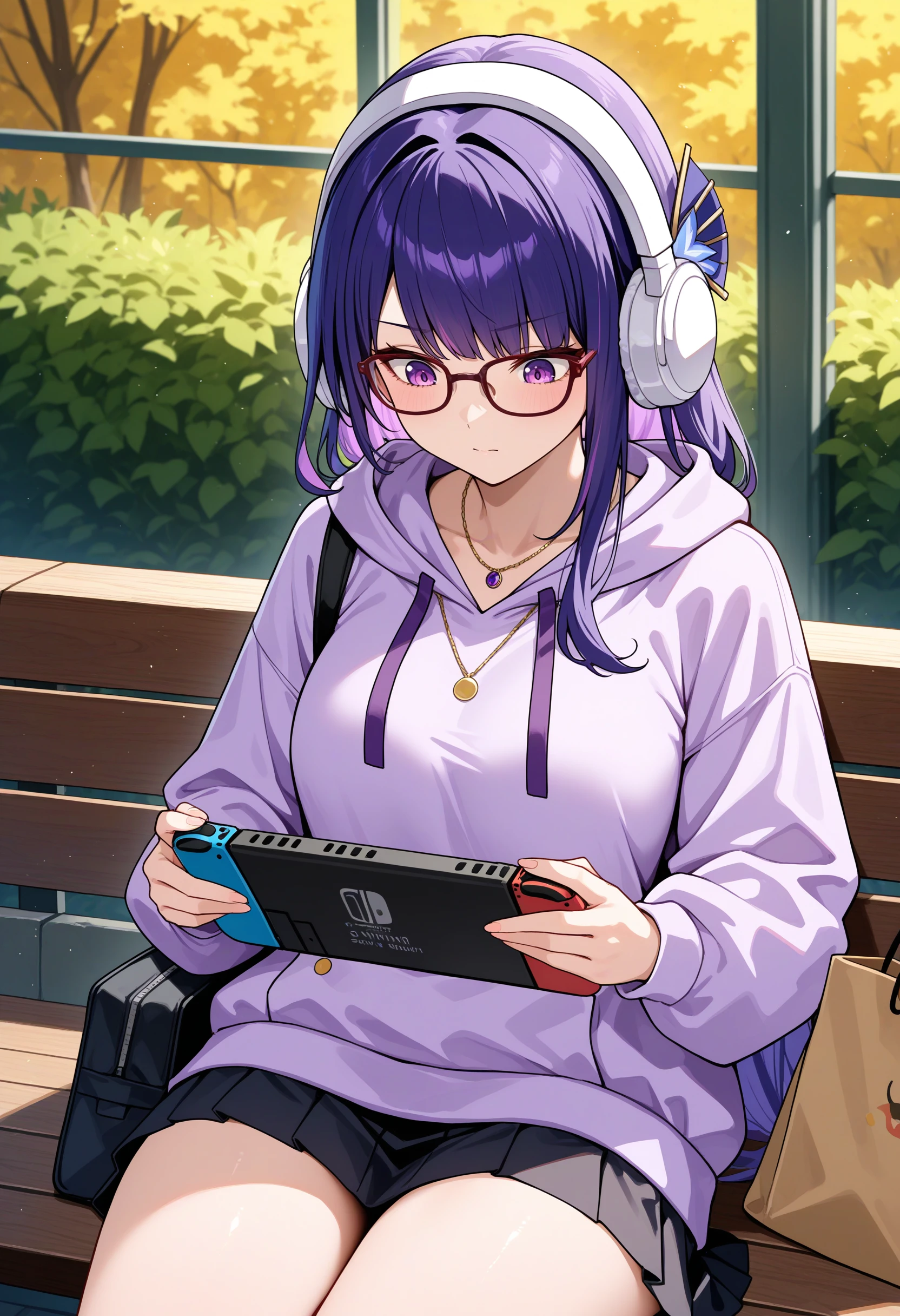 masterpiece, best quality, newest, absurdres, highres, 1girl, rdenShgunAnv, purple hair, sidelocks, purple eyes, glasses, bespectacled, headphones, hair ornament, purple hoodie, hood down, drawstring, long sleeves, necklace, jewelry, bag, pleated skirt, black skirt, contemporary, casual, <lora:RaidenShogun_illusXLNoobAI_Incrs_v1.1:1>,  sitting, outdoors, holding handheld game console, nintendo switch, playing games, intense, looking down,