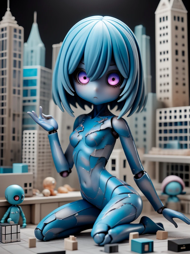 (masterpiece), (best quality), (extremely detailed), (1girl), solo, (pretty cute girl), looking at viewer, slender, evenly sized eyes, extremely detailed eyes, full body, outdoors, (completely features), 16k, collapsed, colored skin, blue skin, biscape, cityscape