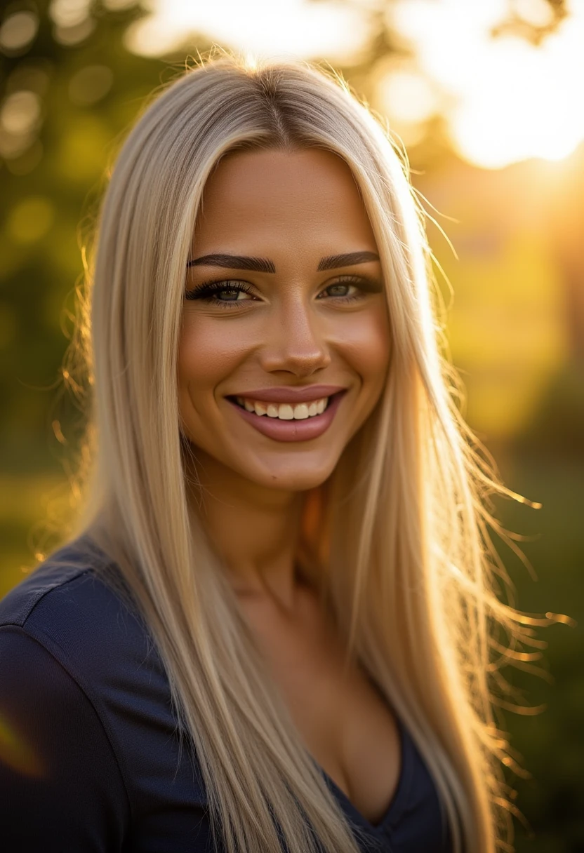 This is a high-resolution photograph of a smiling woman taken outdoors during golden hour, likely in the late afternoon or early evening. The woman has long, straight, blonde hair that cascades past her shoulders, framing her face. She has fair skin with a light blush on her cheeks and a natural, warm smile that reveals her teeth. Her eyes are mesmerizing, accentuated by subtle makeup, including eyeliner and mascara. She is wearing a dark blue top that is visible from the neck up. The background is a lush, sunlit garden, with blurred greenery and bokeh lights from the sun, creating a soft, warm glow that bathes the scene in golden hues. The sunlight is positioned slightly to the right of the image, casting a warm, golden light over the woman's face and the background. The overall mood of the photograph is serene and cheerful, capturing a moment of relaxation and contentment. The texture of the photograph is smooth, with sharp details in the subject's face and a soft, dreamy effect in the background. The image is a close-up shot, focusing primarily on the woman's face and upper body, with the blurred background adding depth and a sense of natural beauty. J43SS