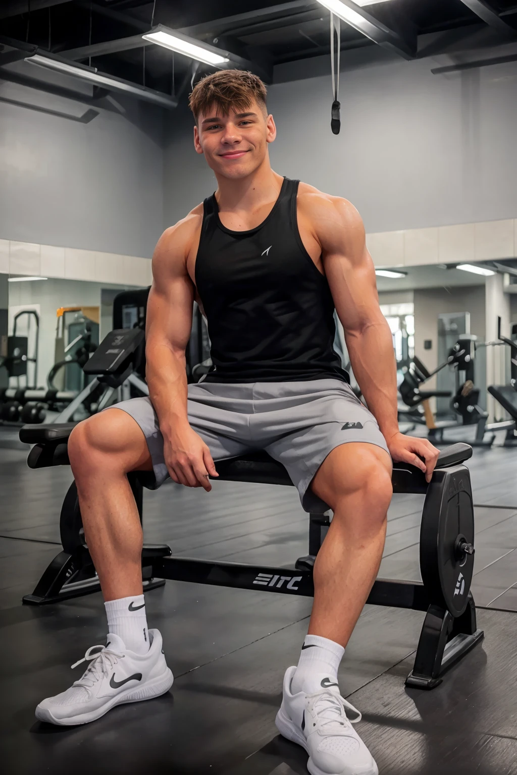 West Hollywood gym, slightly smiling, DevinFranco is a  sexytrainer, tank top, shorts, socks, sneakers, sitting on a weight bench, ((full body portrait)), wide angle <lora:DevinFranco-000006:0.8>  <lora:Clothing - Sexy Personal Trainer:0.7>