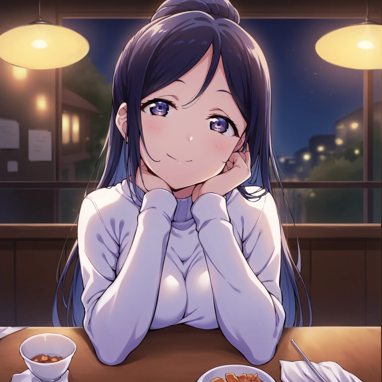 score_9, score_7_up, score_6_up, k4n4n, 1girl, white sweater, looking at viewer, head tilt, head rest, smile, restaurant, sitting, pov across table, low light, night,  <lora:k4n4nV6:1>