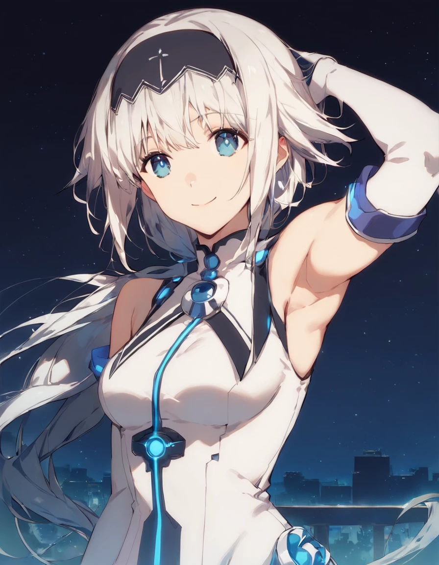 MariaArusu, 1girl, solo, long hair, looking at viewer, smile, bangs, blue eyes, gloves, dress, bare shoulders, medium breasts, very long hair, closed mouth, white hair, hairband, outdoors, sky, sleeveless, elbow gloves, white gloves, armpits, white dress, night, sleeveless dress, black hairband, building, low ponytail,