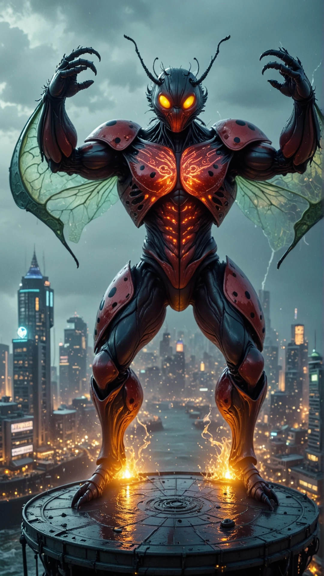 <lora:InsectHybridSDXL:1>monster, hybrid, insecthybrid ladybug, the hybrid is a man, in location floating city platform above a stormy sea with glowing lights, close up, Standing tall, arms spread wide, with flames engulfing the body., Warp ranger, humanoid