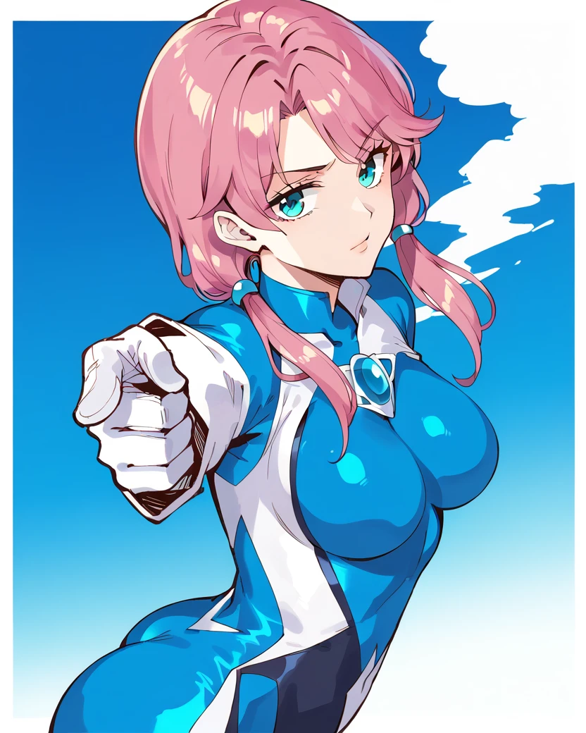 <lora:Blue_Toxic_v1.1-000009:1>,BlueToxic,pink hair,aqua eyes,low twintails,medium breasts,
bodysuit,(skin tight:1.1),blue chest jewel,white gloves,
<lora:jotaro-kujo-pose-ponyxl-lora-nochekaiser:0.6>,jotaro kujo pose,kujo jotaro's pose (jojo),jojo pose,pointing,pointing at viewer,cowboy shot,, score_9,score_8_up,score_7_up,source_anime,best quality,masterpiece,uncensored,beautiful eyes,