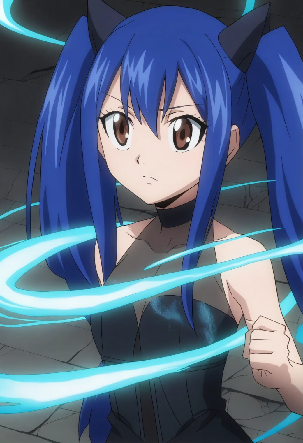 <lora:Wendy Marvell - [Fairy Tail] - illustriousXL v1:1>, sysdeep_wendy, long hair, blue hair, twintails, brown eyes, 1girl, solo, anime coloring, sheer black corset dress, glowing cracks in the ground, surrounded by rising smoke,