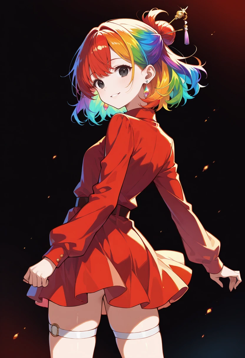 masterpiece, best quality, perfect anatomy, very aesthetic, ((outlined outlined vector graphics)),no norm,close up, back view, , cute face, (glow eyes:0.8), looking at viewer, glittering, glimmering, red theme, 1girl,20yo, rainbow hair, black eyes, log hair, hair pin,small breast, slender,(white thigh strap:1.1),(black clohtes:1.1), , jewelry, earrings, parted lips,, long sleeve,black , action pose , smile,
<lora:rainbow-hair-il-01:1>