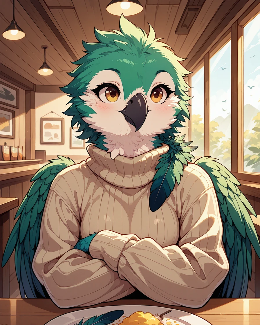 masterpiece, best quality, 1girl, solo, megafeathery, feathers, feathery, bird anthro, avian, beak, parrot anthro, solo, female, sweater, indoors, restaurant, , <lora:Mega_Feathery_for_Illustrious_XL:1>