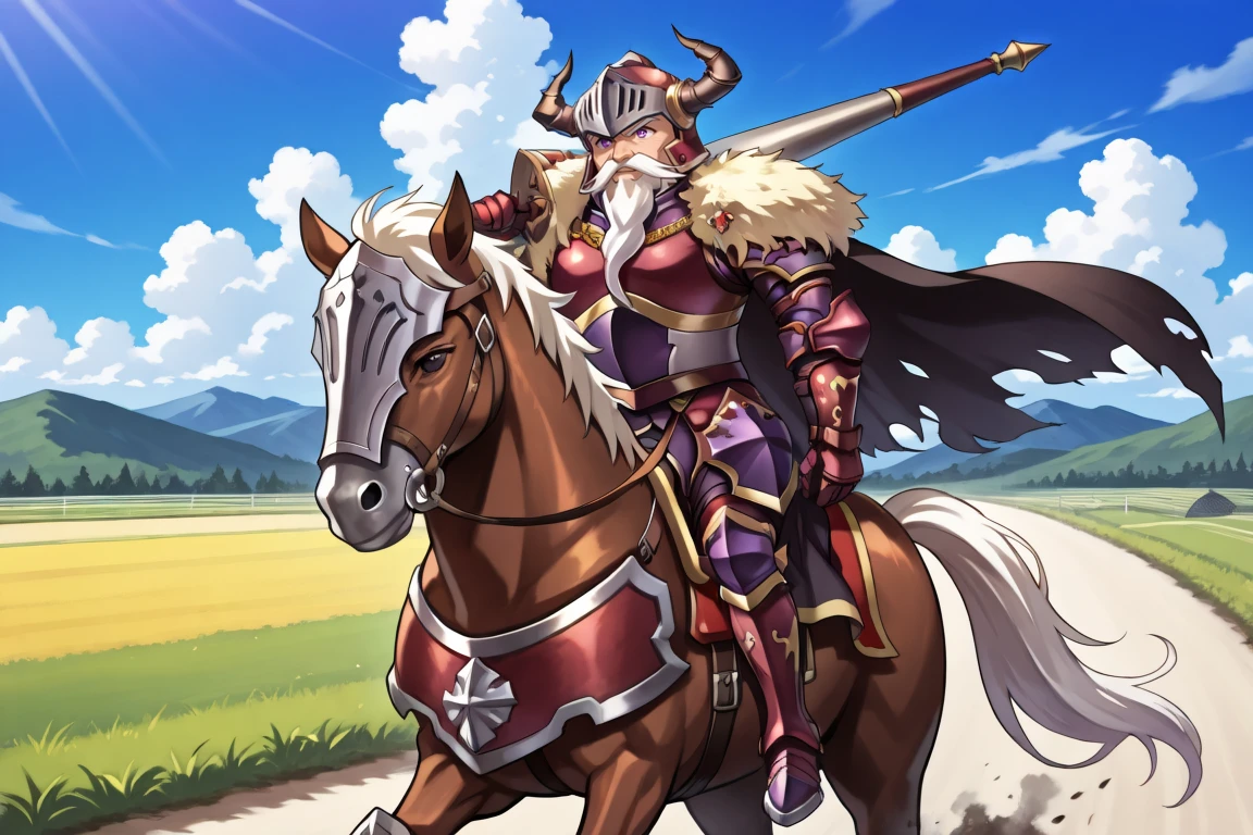 <lora:BaldusIL:0.8> , BldsDef, 1boy, purple eyes, white hair, beard, facial hair, mustache, horns, helmet, horned helmet, fake horns, armor, greaves, gauntlets, fur pauldrons, fur shawl, black cape, cape, torn cape, old, old man, horseback riding, armored horse, riding, horse, road, rolling green hills, holding lance, battlefield, smoke, blue sky, clouds, exterior, background (solo), masterpiece, very aesthetic, absurdres, best quality, amazing quality, high resolution, detailed background,