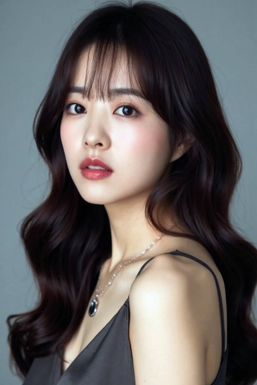 (medium full shot), beautiful korean girl with dark eyeshadow and eyeliner, red lips, long wavy hair , wearing silk sleeveless dress,  gray background, studio lighting, necklace, dslr, soft lighting, high quality, film grain,  light reflections, blood vessels,  , skin pores,blood vessels in sclera, detailed skin, beauty spots, skin fuzz, <lora:flux_realism_lora:1>,   <lora:makinaflux_parkboyoung_v1.0:1>