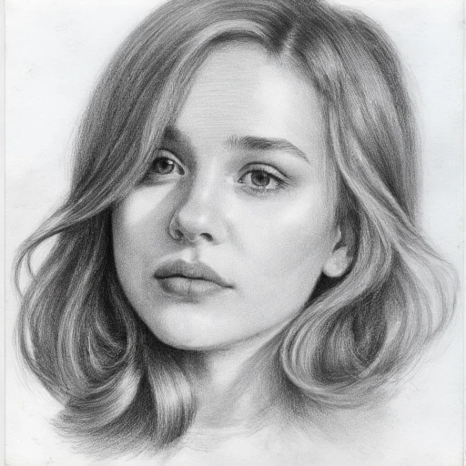 linea, A close-up portrait of a young woman with flowing hair, drawn in a highly detailed pencil sketch style. Her eyes are expressive, gazing thoughtfully to the side. The shading captures soft light falling across her face, with intricate cross-hatching for texture. Strands of hair are individually detailed, with natural flow and slight imperfections to mimic hand-drawn art. Grayscale shading emphasizes depth and highlights the natural beauty of pencil work