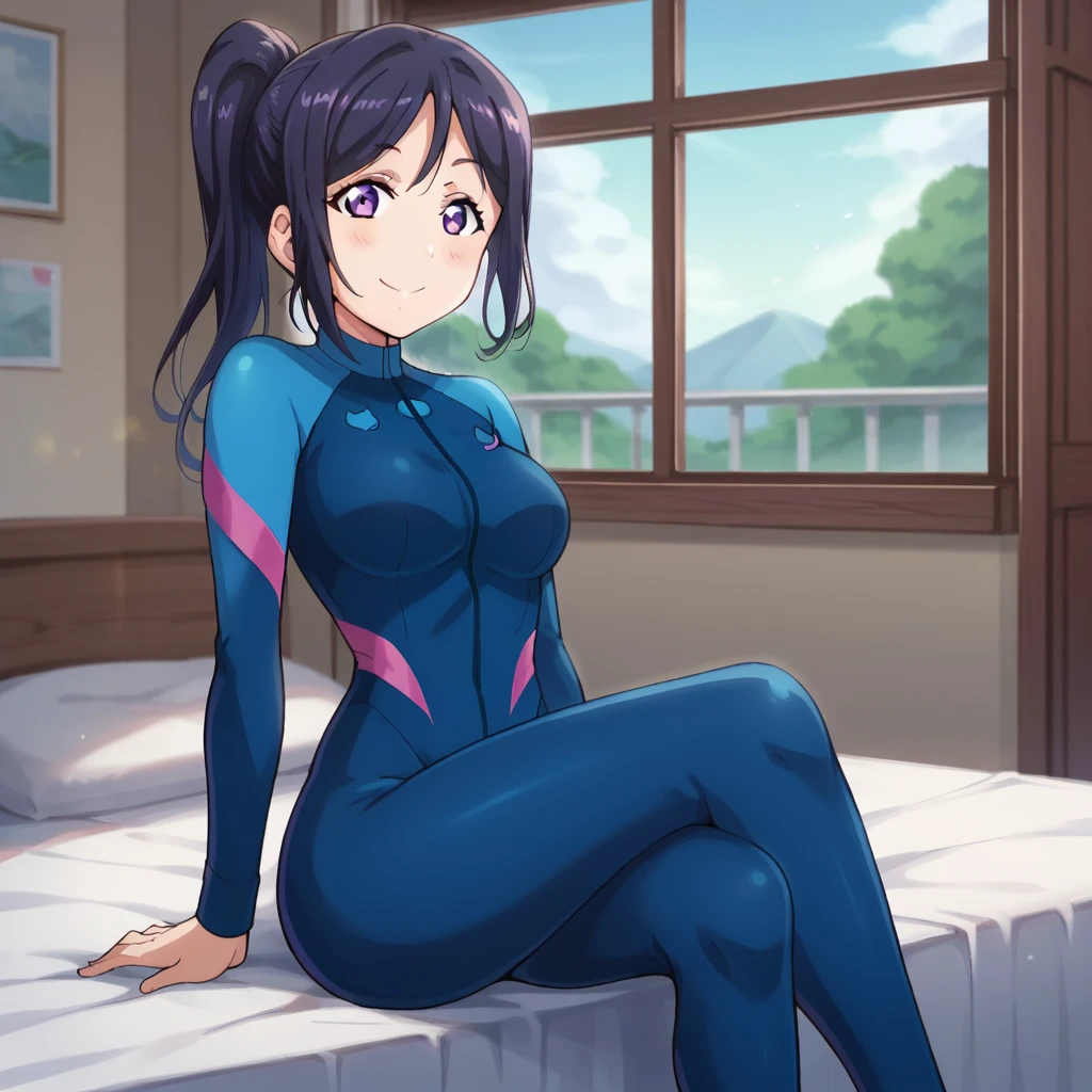 score_9, score_8_up, score_7_up, score_6_up, BREAK, 1girl, k4n4n, smile, blush, wetsuit, bodysuit, sitting on bed, crossed legs, bedroom, looking at viewer, window,  <lora:k4n4nV6:1>