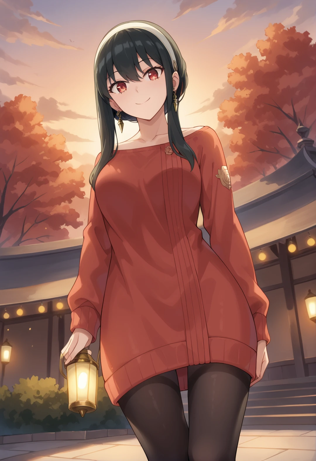 score_9, score_8_up, score_7_up, source_anime, masterpiece, best quality, highly detailed background, cinematic lighting, detailed eyes, detailed pupils, perfect face, Yor Forger, unique outfit,  looking at viewer, standing, cute, smile, park, lanterns, festival, clouds, sunset, dark, warm light, dutch tilt, low angle, side locks, short hair,
 <lora:Yor_Forger_Pony:0.8>