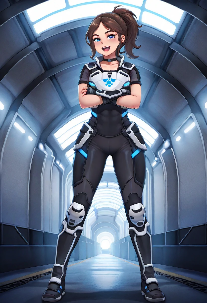 masterpiece,best quality,amazing quality,1girl,solo:1.2, <lora:SelacoDawnIllustrious:0.85>,selacodawn,brown hair,blue eyes,ponytail,armor,bodysuit,gloves,fingerless gloves,choker,boots,standing,full body,indoors,tunnel,happy,:d,crossed arms,standing stiffly,short sleeves