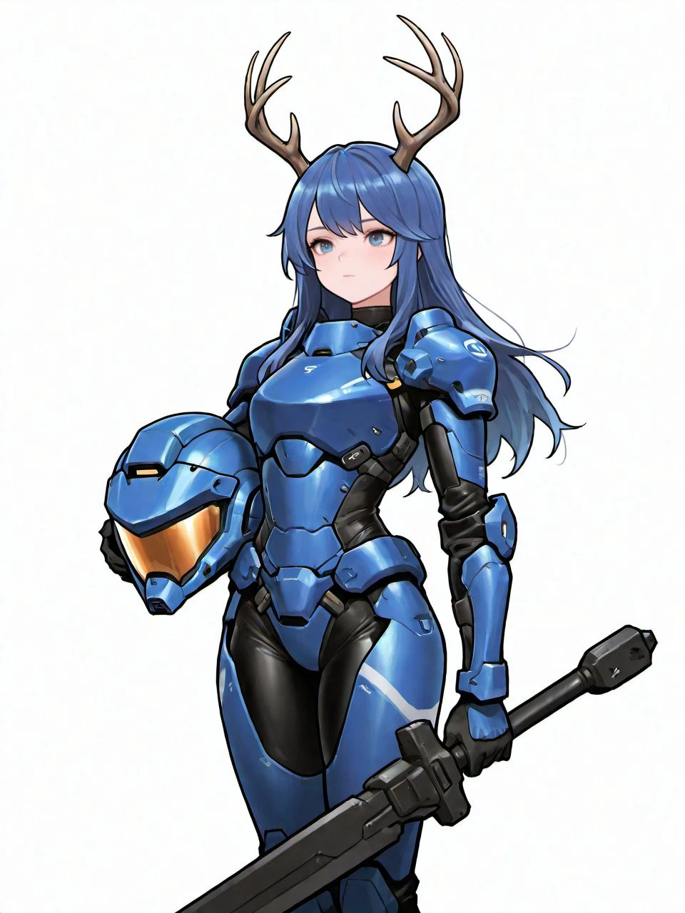 masterpiece, best quality, amazing quality, very aesthetic, high resolution,
heyra, weapon, holding, white background, antlers, armor, simple background, helmet, long hair, 1girl, power armor, blue hair, closed mouth, standing, holding helmet,
<lora:heyra_race_v2_epoch_6:0.9>