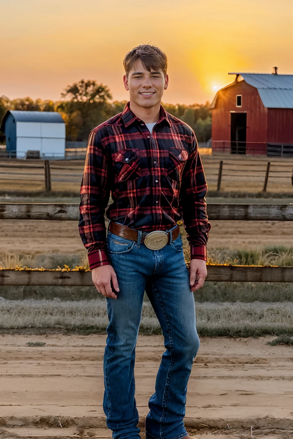 outdoors, golden hour, standing infront of fence, Indiana farm, red barn in the background, Opash, smiling, sexycowboy, (red plaid shirt), denim blue jeans, belt, silver belt buckle, (((full body portrait))), wide angle   <lora:Opash:0.8>  <lora:Clothing - Sexy Cowboy:0.45>