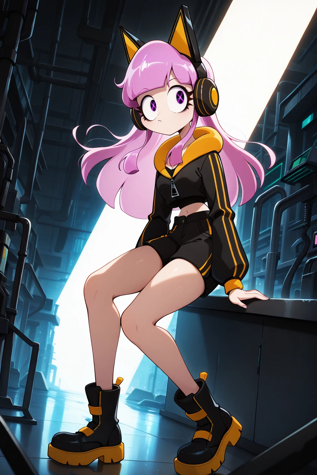 (masterpiece, high quality, highly detailed, best quality), SSCS,
ic-313n, 1girl, solo, long pink hair, pink eyes, headphones, cat ear headphones, black jacket, cropped jacket, black shorts, black boots, full body, complex background, abstract_background, (cinematic lighting, volumetric lighting),
(masterpiece, high quality, highly detailed, best quality)