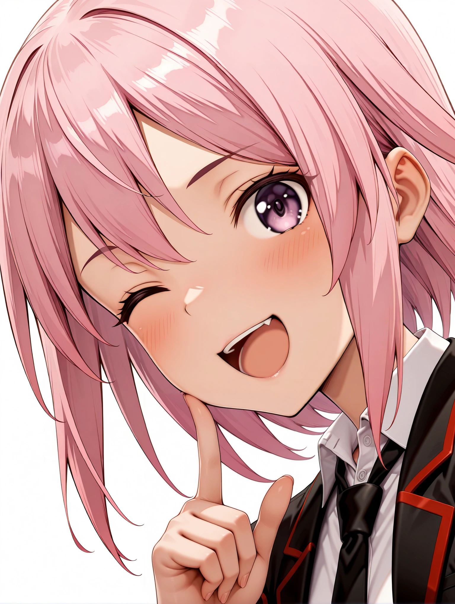 masterpiece,best quality,amazing quality,
solo,1girl,
<lora:yotsuyu_ilxl_v1.1>,yotsuyu,ashihara_h,black jacket,open jacket,black necktie,untucked_shirt,
<lora:Fixhands_anime_bdsqlsz_V1:1>,looking_at_viewer,upper_body,face_focus,dynamic_angle,cinematic_angle,finger to own chin,laughing,light_blush,one eye closed,white_background,simple_background,portrait,