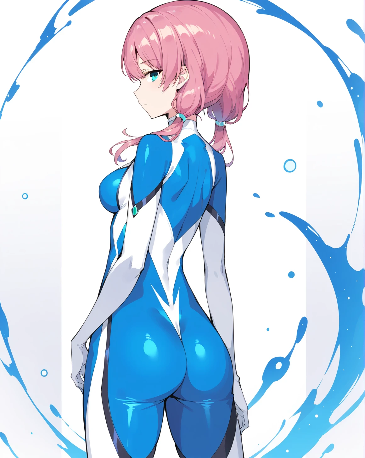 <lora:Blue_Toxic_v1.1-000009:1>,BlueToxic,pink hair,aqua eyes,low twintails,medium breasts,
bodysuit,skin tight,back,
1girl,solo,
standing,cowboy shot,looking back,
detailed background,light particles,
expressionless,, score_9,score_8_up,score_7_up,source_anime,best quality,masterpiece,uncensored,beautiful eyes,