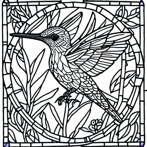 <lora:Moonlit_Minimalism:1> ArsMJStyle, Moonlit Minimalism, The image shows a hummingbird perched on a branch with purple flowers in a stained glass window. The bird is surrounded by intricate details of the flowers and leaves creating a beautiful and unique coloring page., wings, plant, lineart, flower, monochrome, leaf, vines, round image, solo, no humans
