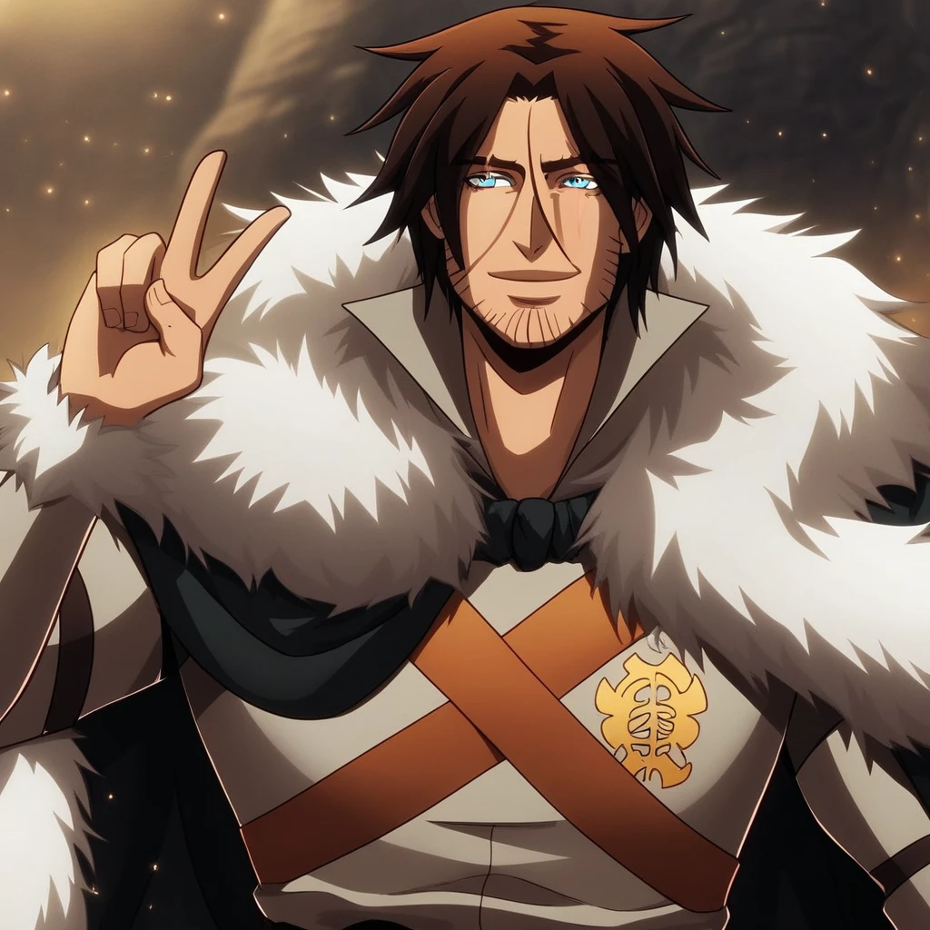 trevorbelmont, 1boy, solo, male focus, brown hair, blue eyes, scar, scar on face, facial hair, stubble, high collar, tunic, fur trim, cloak, portrait, hand up, peace sign, smile,