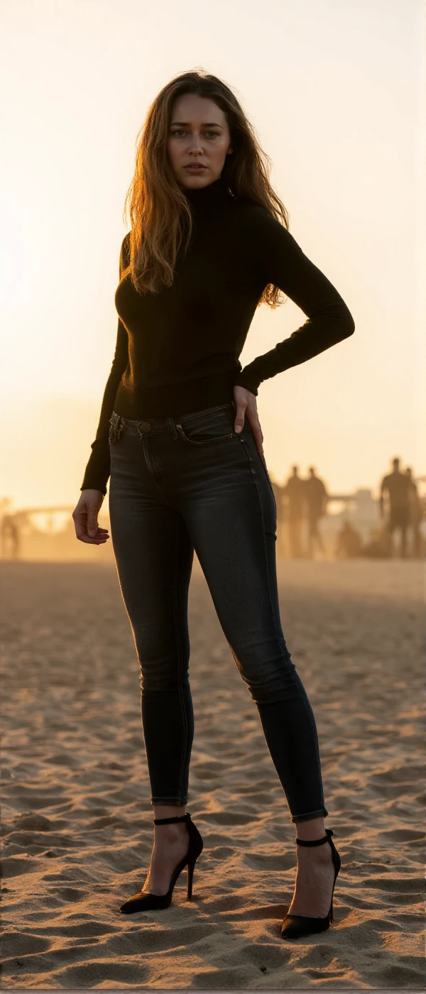 <lora:Alicia_Clark:0.9>  alicia clark, a woman with long hair, realistic, full body, wears a turtleneck and tight jeans and higheels. she poses on a Post apocaliptic beach at sunset