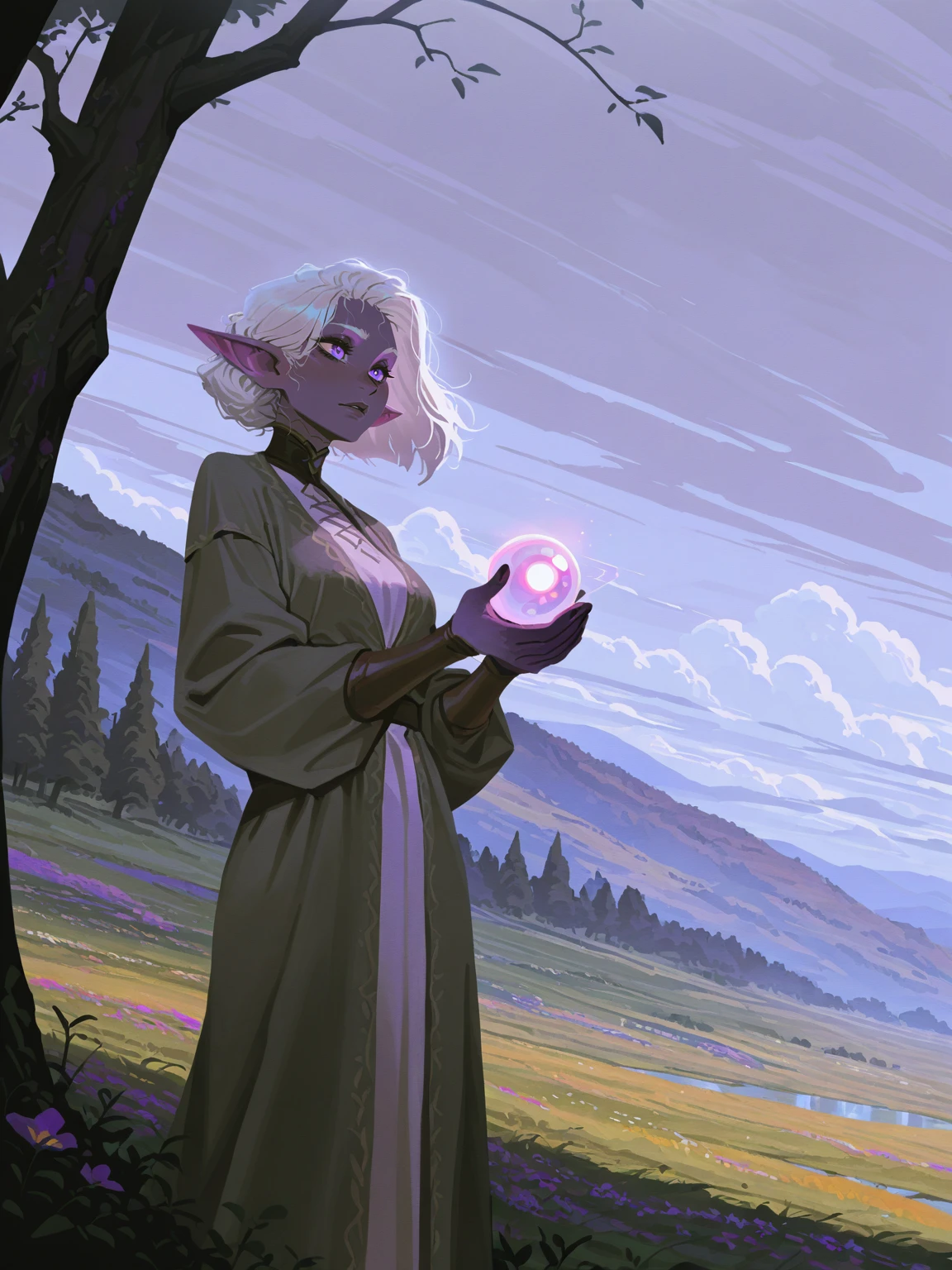 <lora:InCaseArt_Style:0.35>,
1girl, elf, purple skin, purple eyes, white hair, robe, holding pink orb, grey sky, clouds, tree, outdoors, solo
, <lora:InCaseIL:0.6>, masterpiece, best quality, absurdres