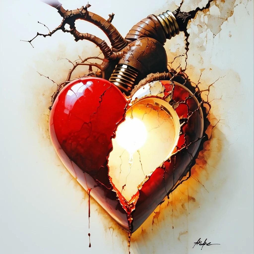 <lora:Ethereal_Gothic_RenaissanceSDXL:1> ArsMJStyle, Etherial Gothic, The image shows a painting of a red heart with a light bulb on top of it set against a white background., no humans, food, traditional media, still life, fruit, crack, heart, painting (medium), apple