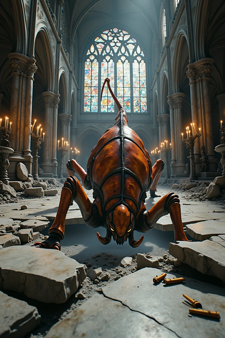 A rust monster emerging from a jagged hole in the cracked marble floor of a grand gothic cathedral. The creature's metallic, rust-covered body contrasts sharply with the cathedral's ornate, towering arches and stained glass windows casting colorful, ethereal light. The shot is wide, capturing the monster's menacing yet majestic presence as it rises, antennae twitching, amidst shattered stone and dust. The composition emphasizes the cathedral's intricate details—carved statues, flickering candlelight, and shadowy corners—while the monster's glowing eyes pierce through the dim, atmospheric lighting. The scene is both eerie and awe-inspiring, blending decay with grandeur.