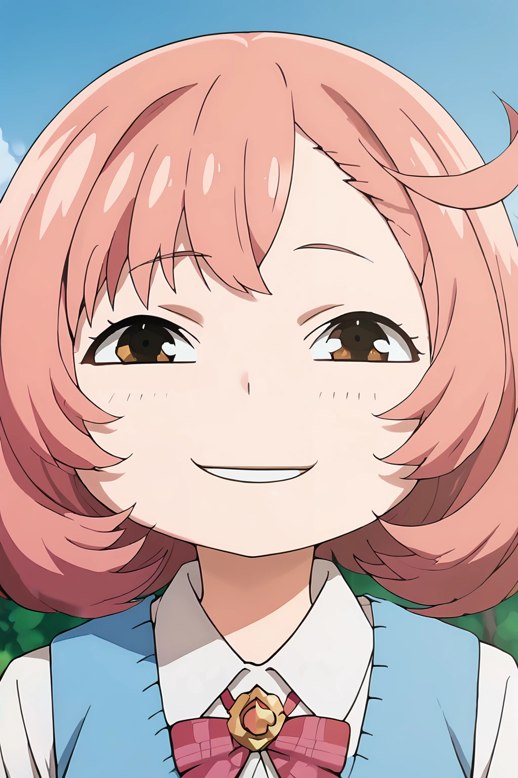 score_9, score_8_up, score_7_up, source_anime, masterpiece, best quality, upper body, school uniform, blue sweater vest, straight-on, <lora:ayase naru_v1_pony:1>, ayase naru, <lora:AnyasHehFaceMeme_XLPD:1>, IncrsAnyasHehFaceMeme, big eyes, pink hair,