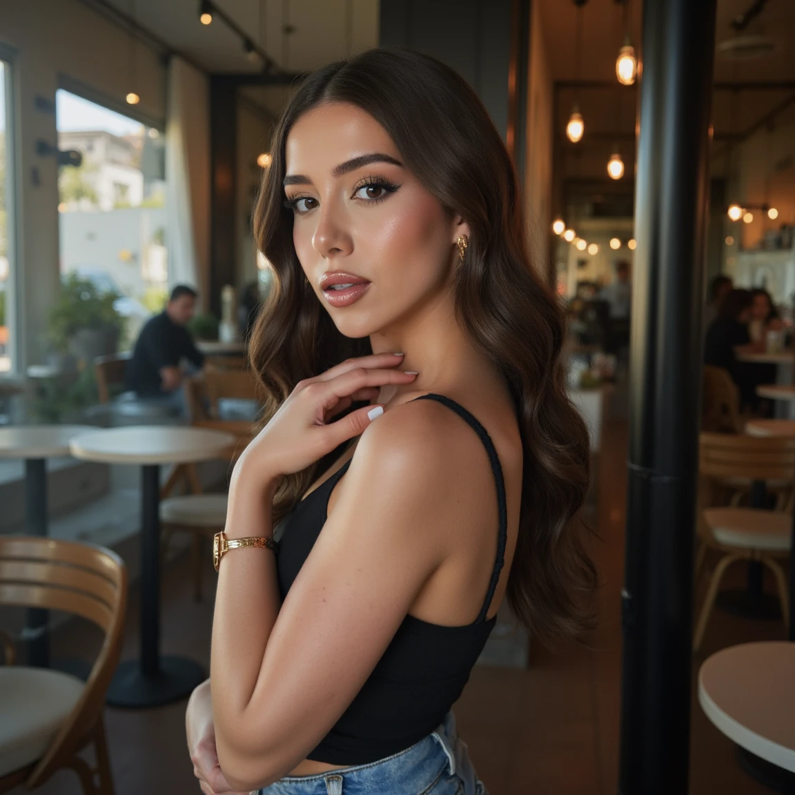 (A cinematic shot of <lora:Amanda_Diaz:1> a young woman with a light to medium skin tone. a stunning female model, wavy hair, makeup and mascara. She is wearing a tank top and jeans, standing in cafe looking at the viewer)