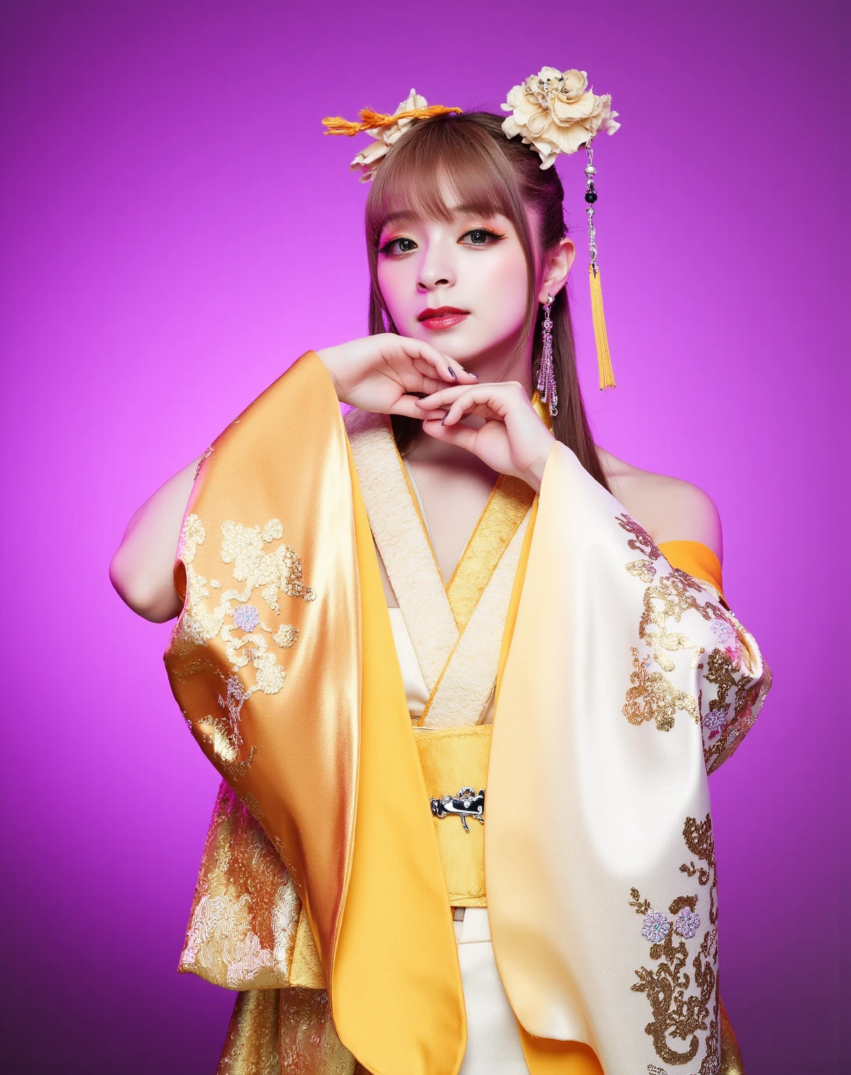 The image is a high-resolution photograph featuring a young Asian woman in a traditional Japanese kimono. She is positioned against a solid, gradient purple background that adds a rich and elegant contrast to her attire. Her skin is fair, and she has straight, light brown hair with bangs that frame her face. She wears a large, ornate hair accessory that includes golden yellow, cream, and bronze elements, complementing her outfit.

Her makeup is warm and radiant, with a soft coral lipstick and delicate eyeliner that accentuates her almond-shaped eyes. She has a serene expression, with her hands elegantly positioned near her face, fingers gently touching her cheeks and forehead.

The kimono she wears is a vibrant yet soft blend of yellow hues, transitioning from a pale, buttery yellow at the top to a richer golden tone towards the hem. The fabric features intricate floral patterns and bronze embroidery, adding a touch of sophistication. The sleeves are long and wide, adorned with more intricate bronze embroidery.

She accessorizes with large, dangling earrings that match the golden yellow and bronze tones of her hair accessory. The overall composition of the photograph is balanced, with the subject's pose and attire emphasizing a sense of grace and elegance.