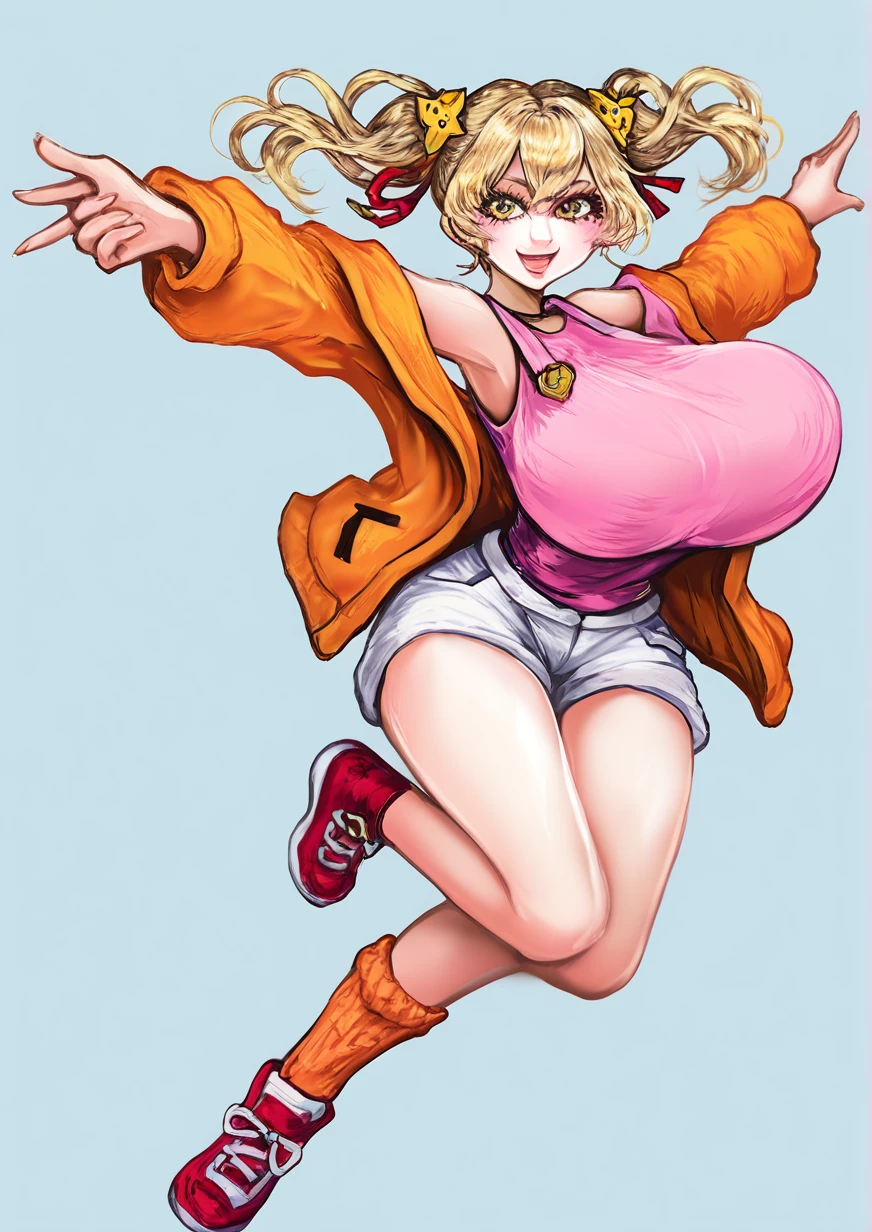 1girl, tsurumaki kokoro, huge breast, , :d, armpits, arms up, bare shoulders, blonde hair, hair ornament, jacket, long hair, long sleeves, looking at viewer, off shoulder, open clothes, open jacket, open mouth, orange jacket, orange socks, outstretched arms, pink shirt, red footwear, shirt, shirt tucked in, shoes, short shorts, shorts, sleeveless, sleeveless shirt, smile, socks, solo, thighs, twintails, white shorts, yellow eyes, , handfixer,zPDXL3 <lora:Breast Slider - Pony_alpha1.0_rank4_noxattn_last:3> <lora:HandFixer_pdxl_Incrs_v1:1> <lora:ainiwaffles:1>