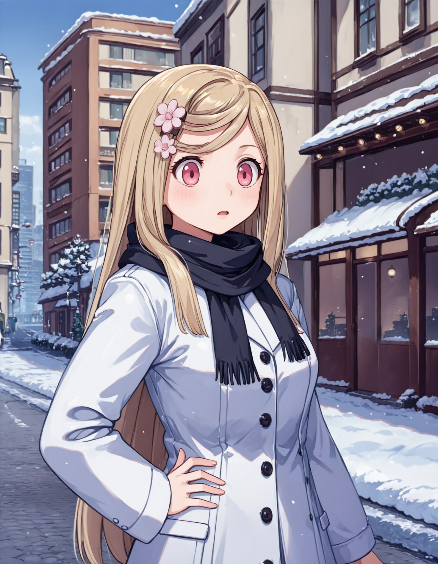 score_9, score_8_up, source_anime, 1girl, cowboy shot, detailed, mgrcsashakurusu, blonde hair, sidelocks, long hair, pink eyes, flower hairpins, white winter coat, black scarf, (surprised:0.7), outdoors, city, street, winter, snow, hand on hip, (side view:0.6), <lora:mgrcsashakurusu_XL:0.9>