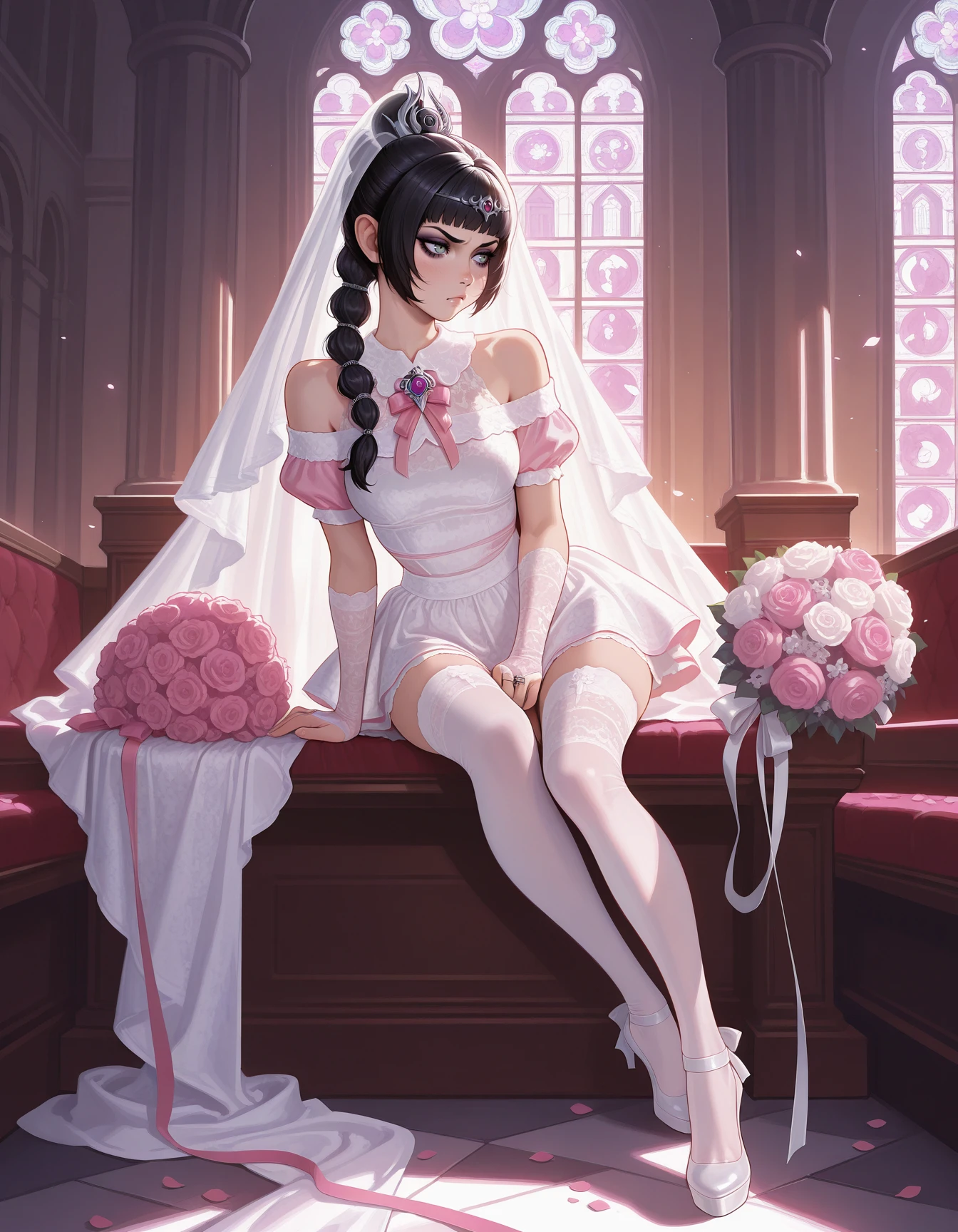 [ilya kuvshinov] shadowheart \(baldur's gate\),  1girl, solo, wearing (bright pink:1.3 mini dress), short skirt, bridal couture,  crushed velvet, fine fabric emphasis,  bridal veil, bridal gauntlets,  lace, off-shoulder, bolding bouquet, jewelry,  <lora:Outfit_soph-CrushedVelvetDress-ILXL:0.9>, thighhighs, zettai ryouiki, full body, dappled lighting, cathedral, stained glass, falling petals, pouting, looking to side,  high heels, hands in lap, masterpiece, best quality, very aesthetic, newest