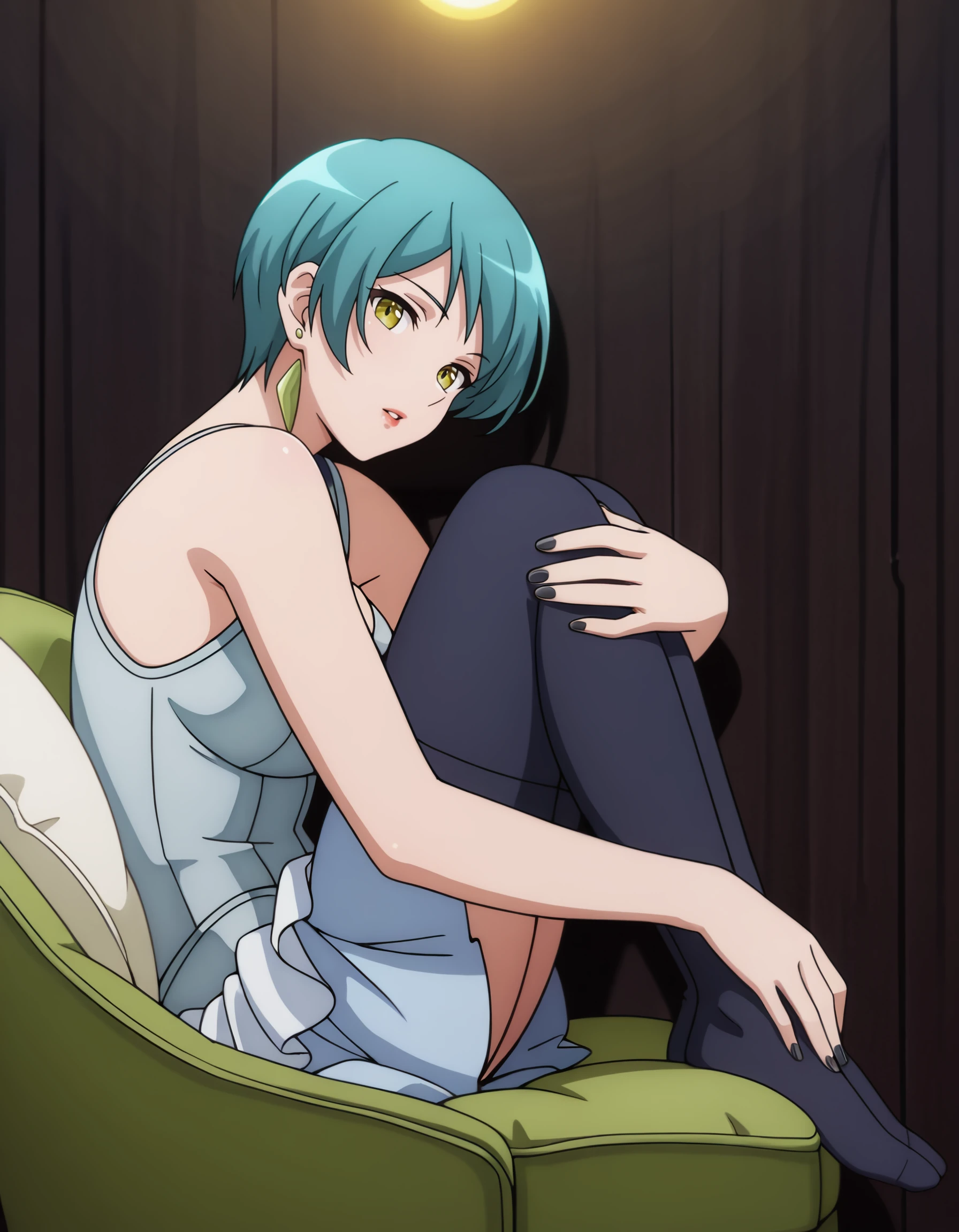 masterpiece, detailed, best_quality <lora:claudia_asterio_il:1> claudia_asterio, short_hair, aqua_hair, blue_hair, earrings, yellow_eyes, jewelry, white_shirt, zettai_ryouiki, black_thighhighs, black_background, green_chair, green_cushions, black_nails, glow, shadow, looking_at_viewer, red_lips, parted_lips