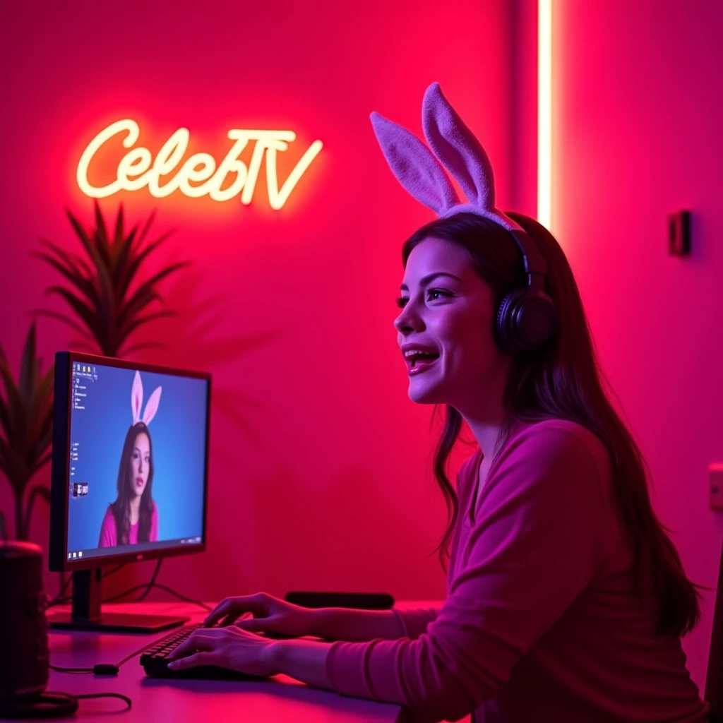 A twitch streamer woman talking to the camera on her streaming setup sitting in a cute neon lit pink streamer room and wearing bunny ears. The orange neon sign in the background reads "CelebTV"., <lora:Livtyler_FLUX_v1-merger_merger33_73_merger45_73_03_07:1.05>