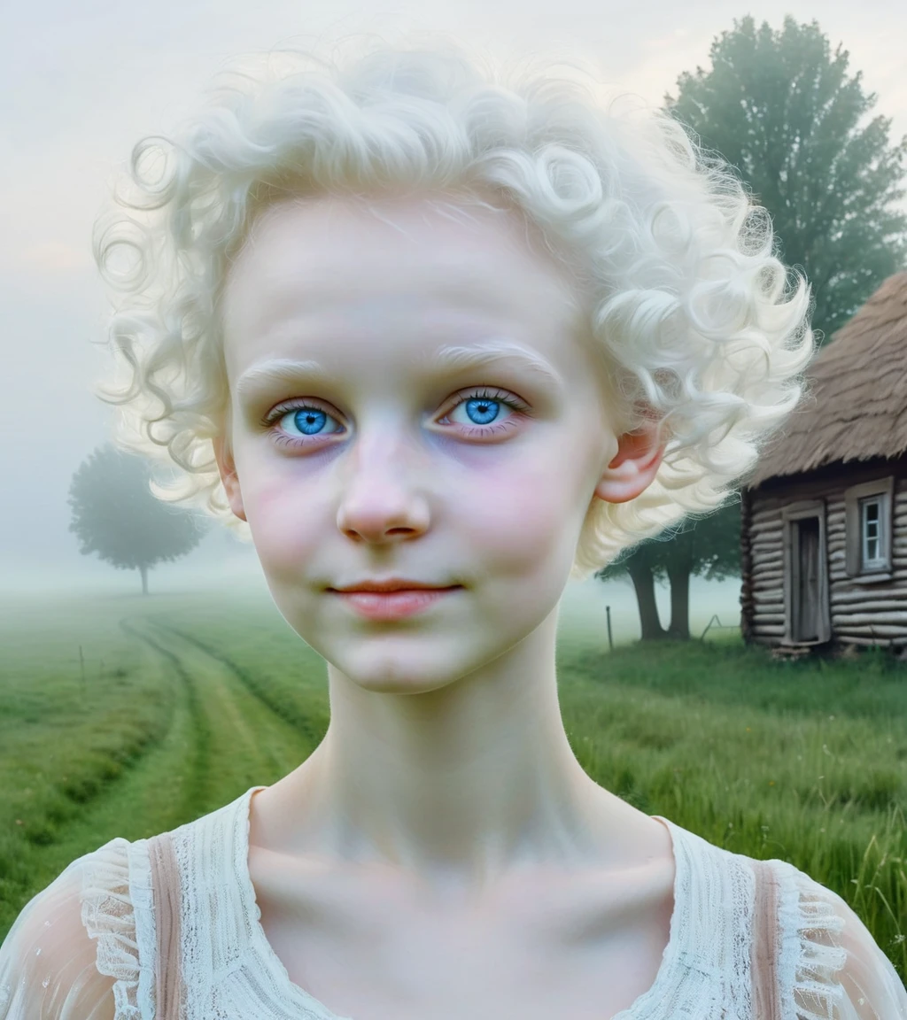 <lora:FemcloudSDXL:0.75>, a femcloud girl, pale skin, close up, cute, short hair, village, fog, grass, ((slavonic face)), ((real photo))